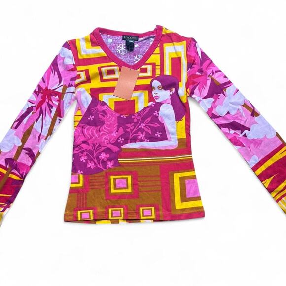 Hayes Custo Barcelona Size Medium Long Sleeve Purple Orange Pop Art Pattern Top - Picture 2 of 5